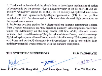 Thông tin tóm tắt về những đóng góp mới của luận án tiến sĩ: Nghiên cứu hóa học và hoạt tính sinh học của một số loài thực vật Việt Nam theo định hướng kháng chủng Vibrio parahaemolyticus và gây độc tế bào.
