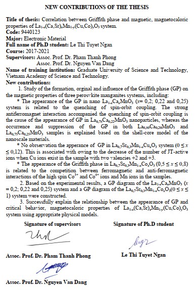 Thông tin tóm tắt về những đóng góp mới của luận án tiến sĩ: Nghiên cứu pha Griffith và sự liên quan đến tính chất từ, từ nhiệt của hệ La 1-x (Ca,Sr) x Mn 1-y (Cu,Co) y O 3