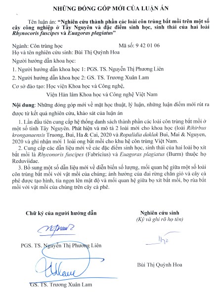 Thông tin tóm tắt về những đóng góp mới của luận án tiến sĩ: Nghiên cứu thành phần các loài côn trùng bắt mồi trên một số cây công nghiệp ở Tây Nguyên, đặc điểm sinh học, sinh thái của hai loài Rhynocoris fuscipes và Euagoras plagiatus.