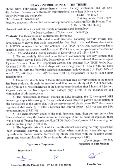 Thông tin tóm tắt về những đóng góp mới của luận án tiến sĩ: Nghiên cứu chế tạo, đánh giá tác dụng hoá - nhiệt trị ung thư và sự phân bố in vivo của hệ dẫn thuốc nano đa chức năng gắn chất phát huỳnh quang hồng ngoại gần.