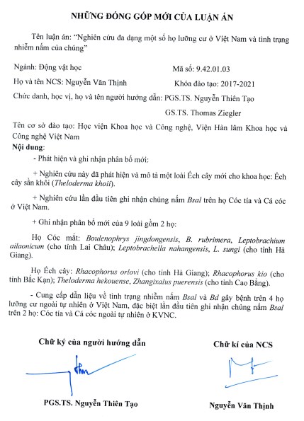 Thông tin tóm tắt về những đóng góp mới của luận án tiến sĩ: Nghiên cứu đa dạng một số họ lưỡng cư ở Việt Nam và tình trạng nhiễm nấm của chúng.