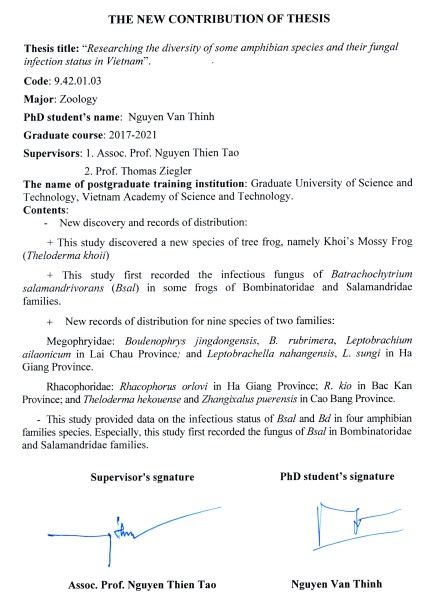 Thông tin tóm tắt về những đóng góp mới của luận án tiến sĩ: Nghiên cứu đa dạng một số họ lưỡng cư ở Việt Nam và tình trạng nhiễm nấm của chúng.