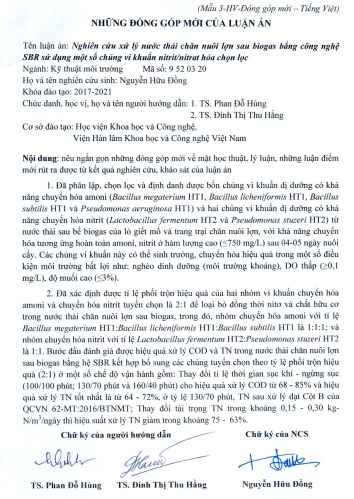 Thông tin tóm tắt về những đóng góp mới của luận án tiến sĩ: Nghiên cứu xử lý nước thải chăn nuôi lợn sau biogas bằng công nghệ SBR sử dụng một số chủng vi khuẩn nitrit/nitrat hóa chọn lọc