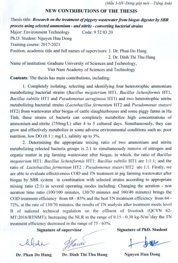 Thông tin tóm tắt về những đóng góp mới của luận án tiến sĩ: Nghiên cứu xử lý nước thải chăn nuôi lợn sau biogas bằng công nghệ SBR sử dụng một số chủng vi khuẩn nitrit/nitrat hóa chọn lọc
