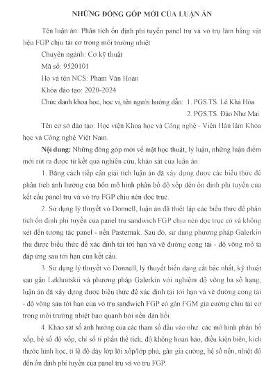 Thông tin tóm tắt về những đóng góp mới của luận án tiến sĩ: Phân tích ổn định phi tuyến panel trụ và vỏ trụ làm bằng vật liệu FGP chịu tải cơ trong môi trường nhiệt