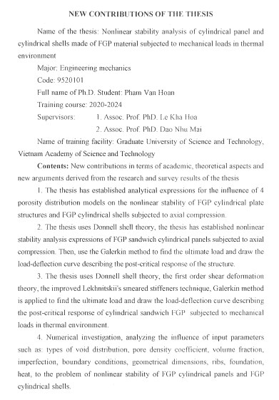 Thông tin tóm tắt về những đóng góp mới của luận án tiến sĩ: Phân tích ổn định phi tuyến panel trụ và vỏ trụ làm bằng vật liệu FGP chịu tải cơ trong môi trường nhiệt