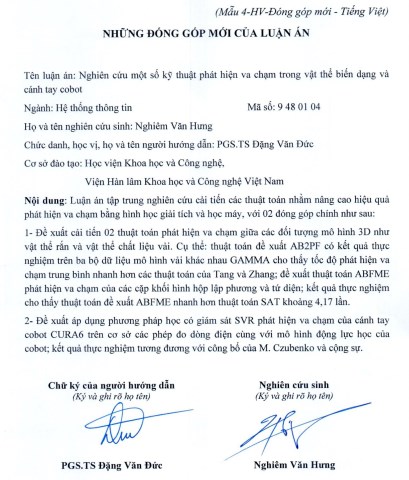 Thông tin tóm tắt về những đóng góp mới của luận án tiến sĩ: Nghiên cứu một số kỹ thuật phát hiện va chạm trong vật thể biến dạng và cánh tay cobot.