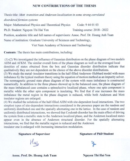 Thông tin tóm tắt về những đóng góp mới của luận án tiến sĩ: Chuyển pha Mott và định xứ Anderson trong một số hệ tương quan mạnh và mất trật tự.