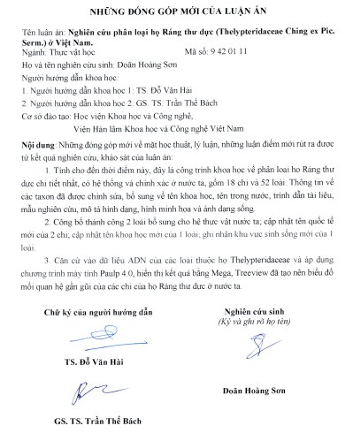 Thông tin tóm tắt về những đóng góp mới của luận án tiến sĩ: Nghiên cứu phân loại họ Ráng thư dực (Thelypteridaceae Ching ex Pic. Serm.) ở Việt Nam