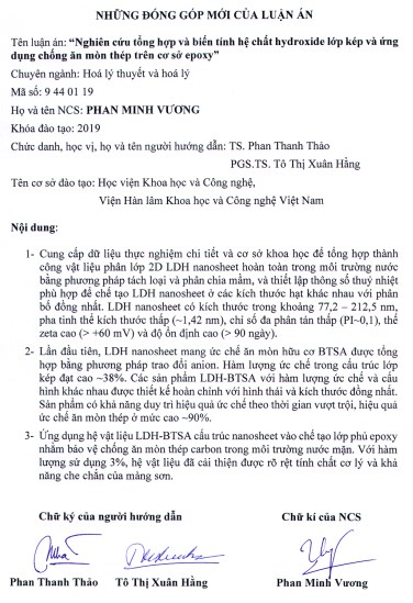 Thông tin tóm tắt về những đóng góp mới của luận án tiến sĩ: Nghiên cứu tổng hợp và biến tính hệ chất hydroxide lớp kép và ứng dụng chống ăn mòn thép trên cơ sở epoxy