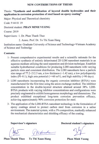 Thông tin tóm tắt về những đóng góp mới của luận án tiến sĩ: Nghiên cứu tổng hợp và biến tính hệ chất hydroxide lớp kép và ứng dụng chống ăn mòn thép trên cơ sở epoxy