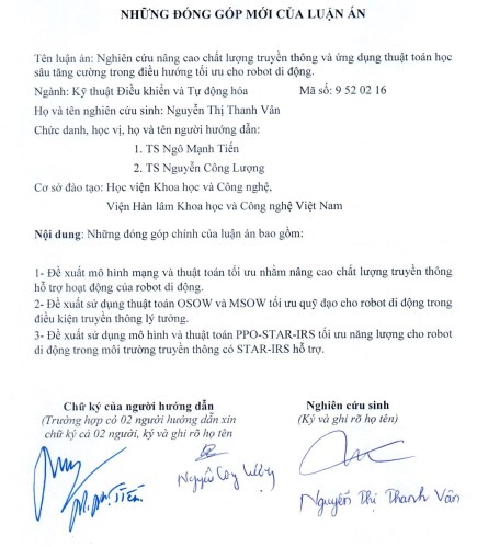 Thông tin tóm tắt về những đóng góp mới của luận án tiến sĩ: Nghiên cứu nâng cao chất lượng truyền thông và ứng dụng thuật toán học sâu tăng cường trong điều hướng tối ưu cho robot di động.