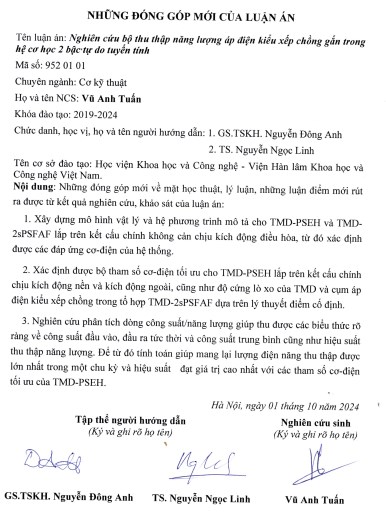 Thông tin tóm tắt về những đóng góp mới của luận án tiến sĩ: Nghiên cứu bộ thu thập năng lượng áp điện kiểu xếp chồng gắn trong hệ cơ học 2 bậc tự do tuyến tính.