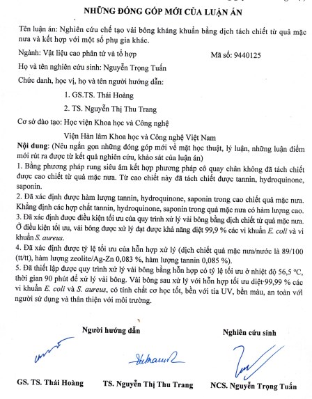 Thông tin tóm tắt về những đóng góp mới của luận án tiến sĩ: Nghiên cứu chế tạo vải bông kháng khuẩn bằng dịch tách chiết từ quả mặc nưa và kết hợp với một số phụ gia khác