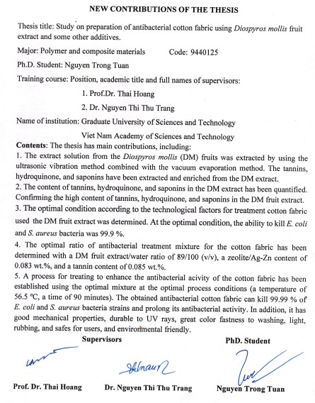 Thông tin tóm tắt về những đóng góp mới của luận án tiến sĩ: Nghiên cứu chế tạo vải bông kháng khuẩn bằng dịch tách chiết từ quả mặc nưa và kết hợp với một số phụ gia khác