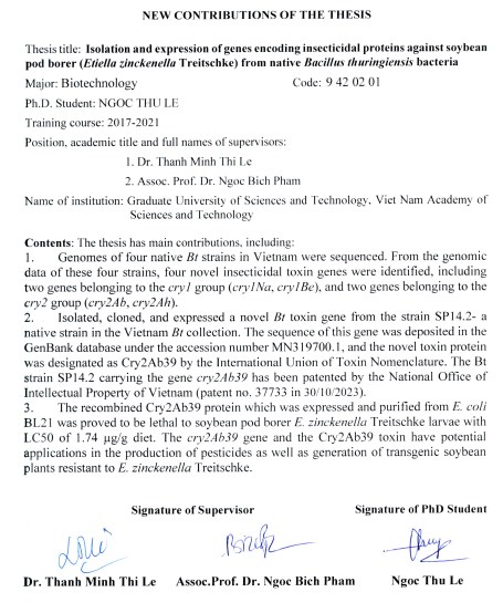 Thông tin tóm tắt về những đóng góp mới của luận án tiến sĩ: Nghiên cứu phân lập và biểu hiện gen mã hóa protein độc tố diệt sâu đục quả đậu tương (Etiella zinckenella Treitschke) từ vi khuẩn Bacillus thuringiensis bản địa.