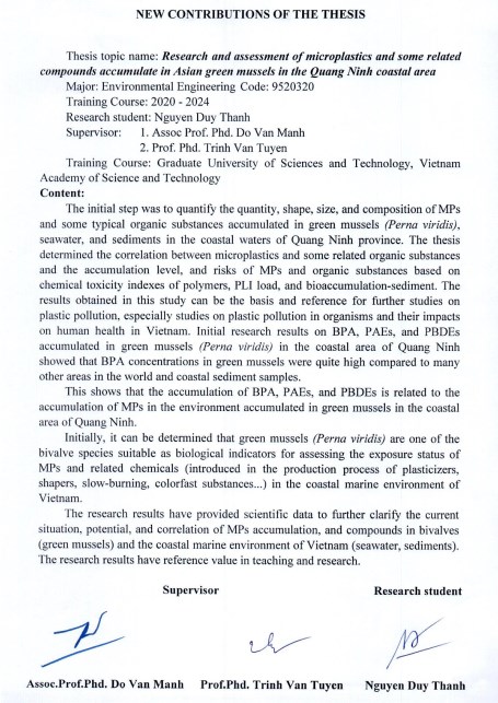 Thông tin tóm tắt về những đóng góp mới của luận án tiến sĩ: Nghiên cứu đánh giá vi nhựa và một số hợp chất liên quan tích tụ trong vẹm xanh tại khu vực ven biển Quảng Ninh.