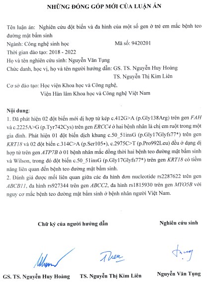 Thông tin tóm tắt về những đóng góp mới của luận án tiến sĩ: Nghiên cứu đột biến và đa hình của một số gen ở trẻ em mắc bệnh teo đường mật bẩm sinh.