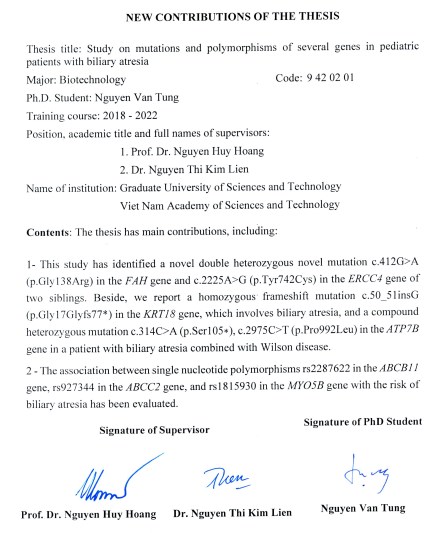 Thông tin tóm tắt về những đóng góp mới của luận án tiến sĩ: Nghiên cứu đột biến và đa hình của một số gen ở trẻ em mắc bệnh teo đường mật bẩm sinh.