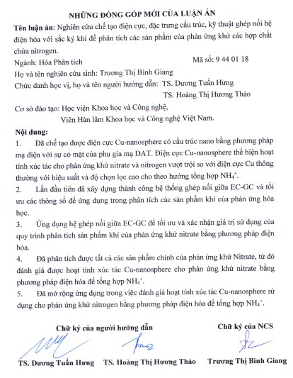 Thông tin tóm tắt về những đóng góp mới của luận án tiến sĩ: Nghiên cứu chế tạo điện cực, đặc trưng cấu trúc, kỹ thuật ghép nối hệ điện hóa với sắc ký khí để phân tích các sản phẩm của phản ứng khử các hợp chất chứa nitrogen.