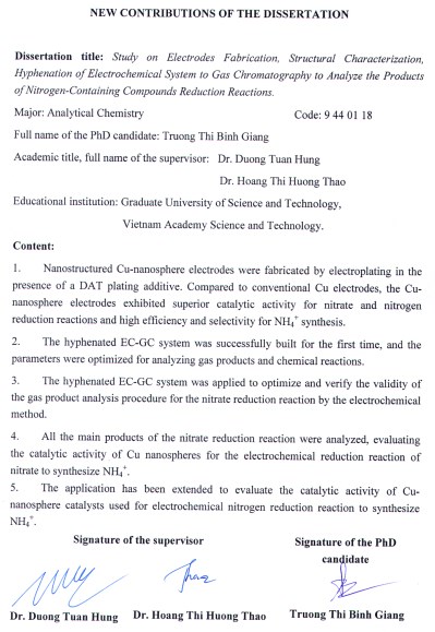 Thông tin tóm tắt về những đóng góp mới của luận án tiến sĩ: Nghiên cứu chế tạo điện cực, đặc trưng cấu trúc, kỹ thuật ghép nối hệ điện hóa với sắc ký khí để phân tích các sản phẩm của phản ứng khử các hợp chất chứa nitrogen.