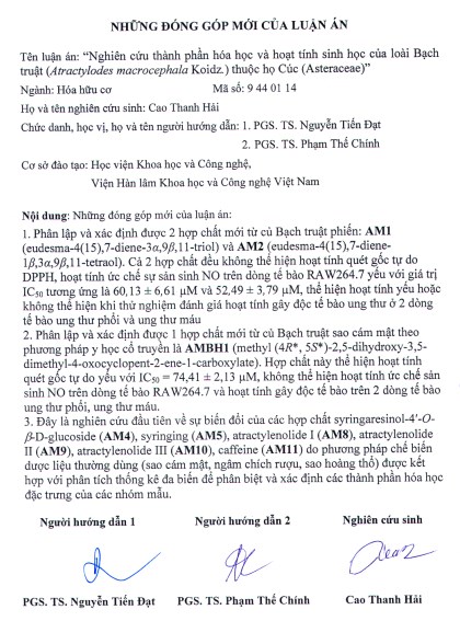 Thông tin tóm tắt về những đóng góp mới của luận án tiến sĩ: Nghiên cứu thành phần hóa học và hoạt tính sinh học của loài Bạch truật (Atractylodes macrocephala Koidz.) thuộc họ Cúc (Asteraceae)