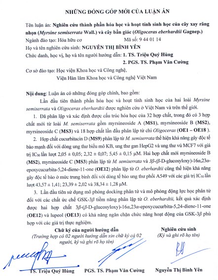 Thông tin tóm tắt về những đóng góp mới của luận án tiến sĩ: Nghiên cứu thành phần hóa học và hoạt tính sinh học của cây xay răng nhọn (Myrsine semiserrata Wall.) và cây bần giác (Oligoceras eberhardtii Gagnep.)