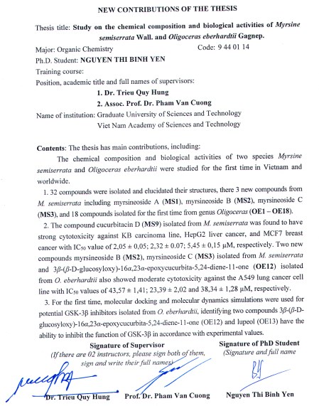 Thông tin tóm tắt về những đóng góp mới của luận án tiến sĩ: Nghiên cứu thành phần hóa học và hoạt tính sinh học của cây xay răng nhọn (Myrsine semiserrata Wall.) và cây bần giác (Oligoceras eberhardtii Gagnep.)