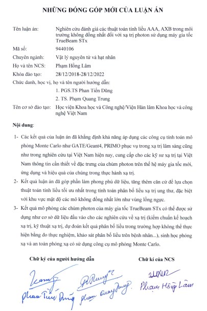 Thông tin tóm tắt về những đóng góp mới của luận án tiến sĩ: Nghiên cứu đánh giá các thuật toán tính liều AAA, AXB trong môi trường không đồng nhất đối với xạ trị photon sử dụng máy gia tốc TrueBeam STx.