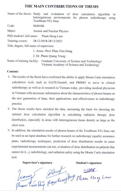 Thông tin tóm tắt về những đóng góp mới của luận án tiến sĩ: Nghiên cứu đánh giá các thuật toán tính liều AAA, AXB trong môi trường không đồng nhất đối với xạ trị photon sử dụng máy gia tốc TrueBeam STx.