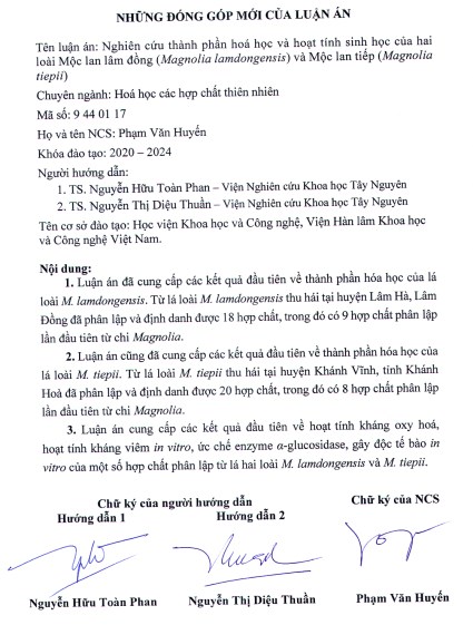 Thông tin tóm tắt về những đóng góp mới của luận án tiến sĩ: Nghiên cứu thành phần hoá học và hoạt tính sinh học của hai loài Mộc lan lâm đồng (Magnolia lamdongensis) và Mộc lan tiếp (Magnolia tiepii)