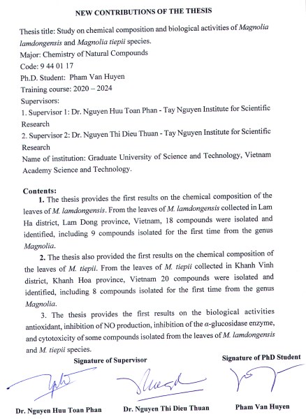 Thông tin tóm tắt về những đóng góp mới của luận án tiến sĩ: Nghiên cứu thành phần hoá học và hoạt tính sinh học của hai loài Mộc lan lâm đồng (Magnolia lamdongensis) và Mộc lan tiếp (Magnolia tiepii)