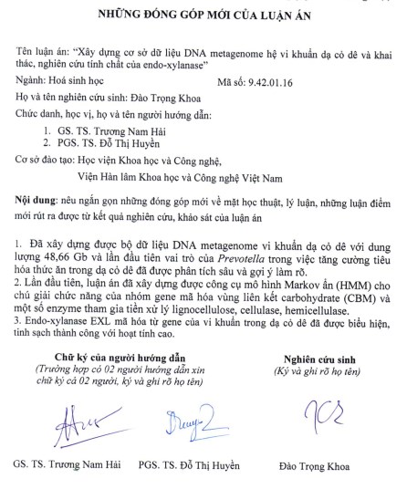 Thông tin tóm tắt về những đóng góp mới của luận án tiến sĩ: Xây dựng cơ sở dữ liệu DNA metagenome hệ vi khuẩn dạ cỏ dê và khai thác, nghiên cứu tính chất của endo-xylanase.