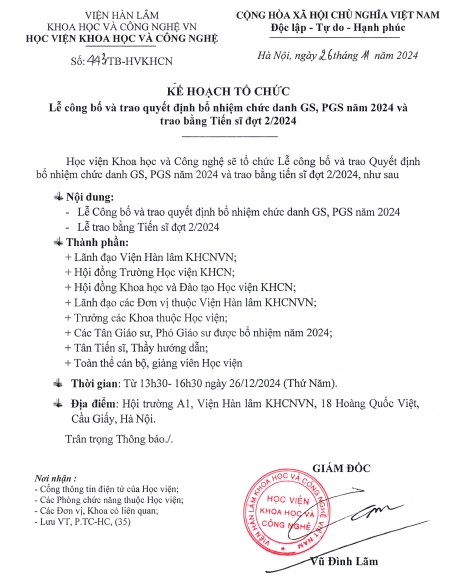 KẾ HOẠCH TỔ CHỨC Lễ công bố và trao quyết định bổ nhiệm chức danh GS, PGS năm 2024 và trao bằng Tiến sĩ đợt 2/2024