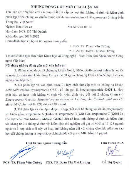 Thông tin tóm tắt về những đóng góp mới của luận án tiến sĩ: Nghiên cứu các hợp chất thứ cấp có hoạt tính kháng vi sinh vật kiểm định phân lập từ ba chủng xạ khuẩn thuộc chi Actinoalloteichus và Streptomyces ở vùng biển Trung bộ, Việt Nam.