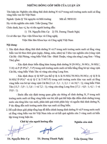 Thông tin tóm tắt về những đóng góp mới của luận án tiến sĩ: Nghiên cứu động thái dinh dưỡng N và P trong môi trường nước nuôi cá lồng vùng biển ven bờ Việt Nam