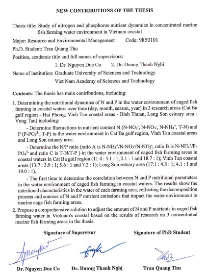Thông tin tóm tắt về những đóng góp mới của luận án tiến sĩ: Nghiên cứu động thái dinh dưỡng N và P trong môi trường nước nuôi cá lồng vùng biển ven bờ Việt Nam