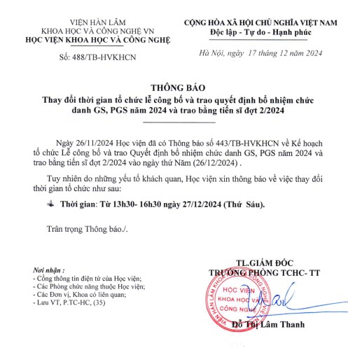 Thông báo: Thay đổi thời gian tổ chức lễ công bố và trao quyết định bổ nhiệm chức danh GS, PGS năm 2024 và trao bằng tiến sĩ đợt 2/2024