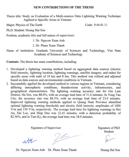 Thông tin tóm tắt về những đóng góp mới của luận án tiến sĩ: Nghiên cứu đánh giá cảnh báo sét áp dụng cho một số khu vực tại Việt Nam theo nguồn số liệu tổng hợp.