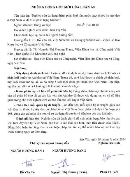 Thông tin tóm tắt về những đóng góp mới của luận án tiến sĩ: Nghiên cứu đa dạng thành phần loài tôm nước ngọt thuộc họ Atyidae ở Việt Nam và đề xuất phân hạng bảo tồn.