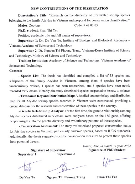 Thông tin tóm tắt về những đóng góp mới của luận án tiến sĩ: Nghiên cứu đa dạng thành phần loài tôm nước ngọt thuộc họ Atyidae ở Việt Nam và đề xuất phân hạng bảo tồn.