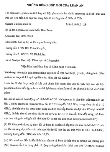 Thông tin tóm tắt về những đóng góp mới của luận án tiến sĩ: Nghiên cứu tích hợp vật liệu plasmonic hai chiều graphene và MoS 2 trên cấu trúc vật liệu biến hóa hấp thụ sóng điện từ ở vùng tần số GHz và THz