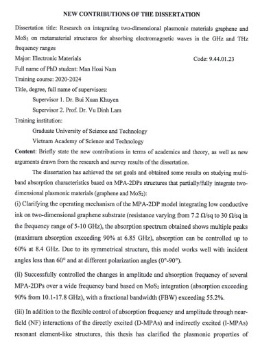 Thông tin tóm tắt về những đóng góp mới của luận án tiến sĩ: Nghiên cứu tích hợp vật liệu plasmonic hai chiều graphene và MoS 2 trên cấu trúc vật liệu biến hóa hấp thụ sóng điện từ ở vùng tần số GHz và THz