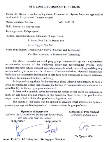 Thông tin tóm tắt về những đóng góp mới của luận án tiến sĩ: Nghiên cứu phát triển hệ tư vấn nhóm theo tiếp cận mờ trực cảm và tích phân Choquet,