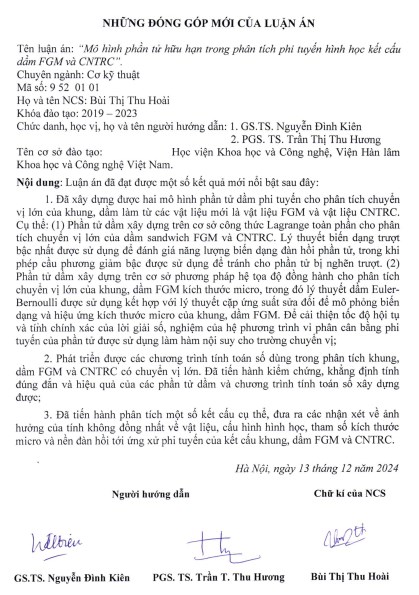 Thông tin tóm tắt về những đóng góp mới của luận án tiến sĩ: Mô hình phần tử hữu hạn trong phân tích phi tuyến hình học kết cấu dầm FGM và CNTRC.