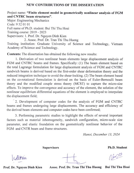 Thông tin tóm tắt về những đóng góp mới của luận án tiến sĩ: Mô hình phần tử hữu hạn trong phân tích phi tuyến hình học kết cấu dầm FGM và CNTRC.