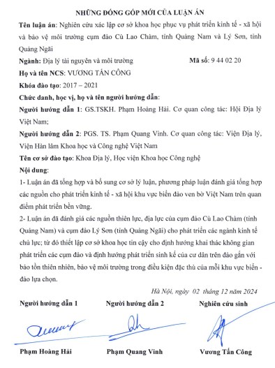 Thông tin tóm tắt về những đóng góp mới của luận án tiến sĩ: Nghiên cứu xác lập cơ sở khoa học phục vụ phát triển kinh tế - xã hội và bảo vệ môi trường cụm đảo Cù Lao Chàm, tỉnh Quảng Nam và Lý Sơn, tỉnh Quảng Ngãi.