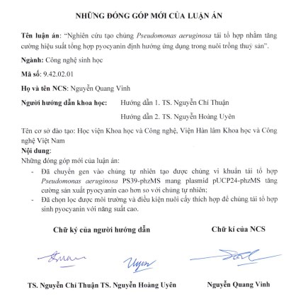 Thông tin tóm tắt về những đóng góp mới của luận án tiến sĩ: Nghiên cứu tạo chủng Pseudomonas aeruginosa tái tổ hợp nhằm tăng cường hiệu suất tổng hợp pyocyanin định hướng ứng dụng trong nuôi trồng thuỷ sản.