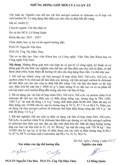 Thông tin tóm tắt về những đóng góp mới của luận án tiến sĩ: Nghiên cứu chế tạo vật liệu aerogel cacbon từ chitosan và tổ hợp với oxit/sunfua Ni, Co ứng dụng làm điện cực cho siêu tụ điện bất đối xứng.