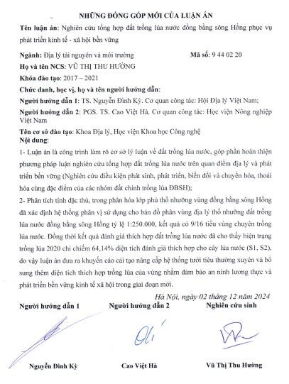 Thông tin tóm tắt về những đóng góp mới của luận án tiến sĩ: Nghiên cứu tổng hợp đất trồng lúa nước đồng bằng sông Hồng phục vụ phát triển kinh tế - xã hội bền vững